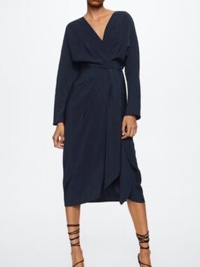 Mango Navy Wrap-Style Long Sleeve Midi Dress